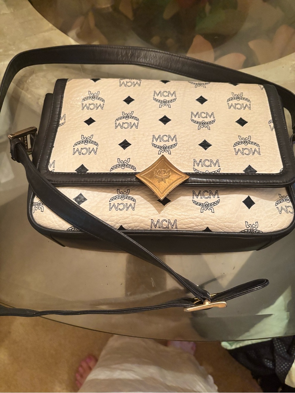 MCM White and Dark Navy Logo Crossbody with Gold Diamond Clasp
